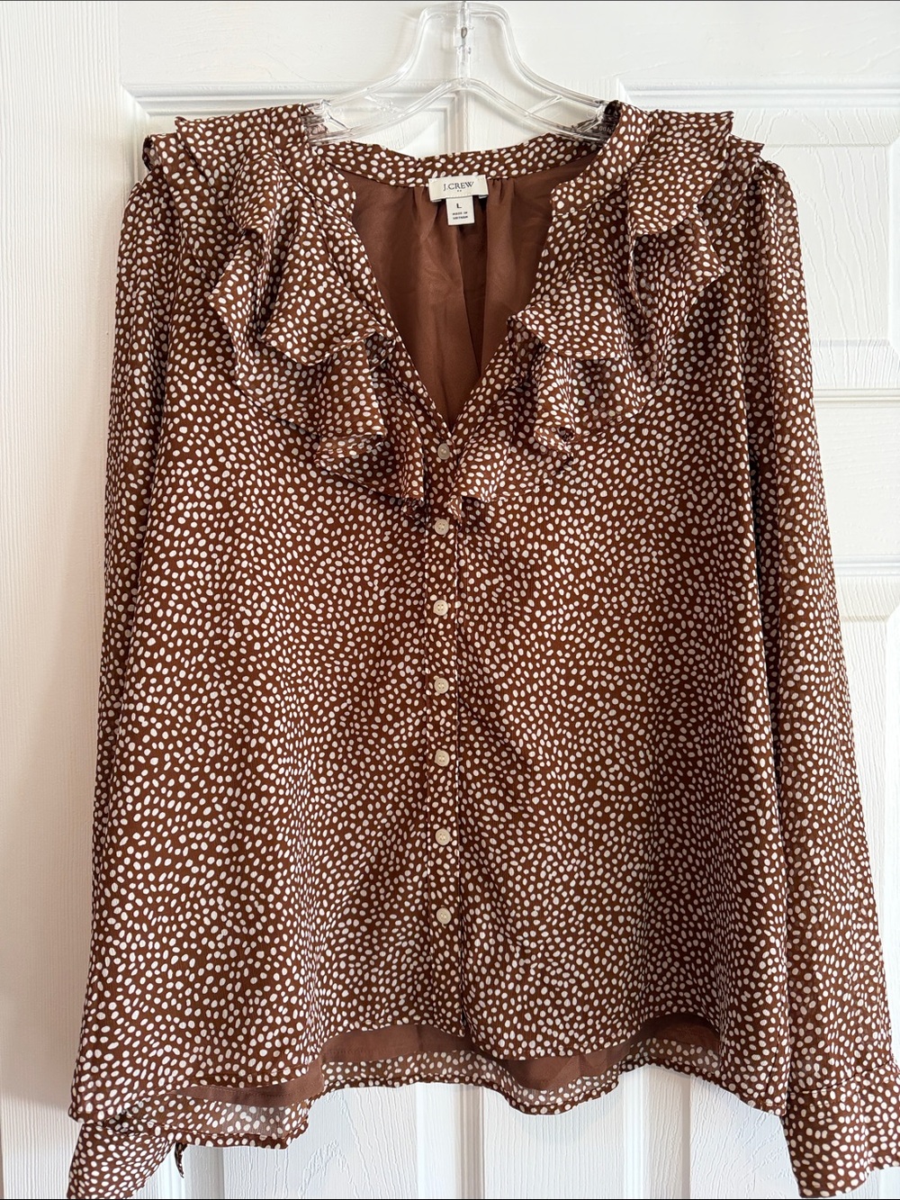 J. Crew Brown and White Polka Dot Ruffle Button-Front Blouse